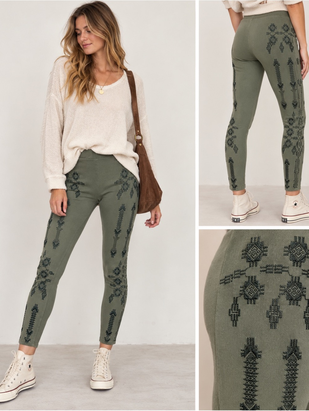 JOHNNY WAS Los Angeles Olive Green Embroidered Boho Leggings